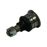 Three-quarter view from housing/flange side showing full profile: circular pressed-steel flange with two tabs, rubber boot, tapered stud with castle nut and cotter pin hole.