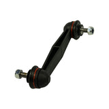 End-on view from one ball-joint end, showing domed black plastic cap, red O-ring seal band, and threaded stud with nyloc nut.