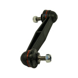 Elevated angle showing link in near-vertical orientation; lower ball joint shows minor surface dust consistent with storage; blue thread-lock visible on upper stud.