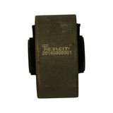 Side profile of the outer metal sleeve showing embossed 'TENACITY' brand mark and production batch code '20160808001' on the flat cylindrical barrel. Rubber flanges protrude slightly from each end of the metal sleeve.
