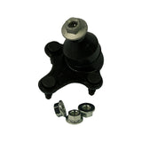 Top-down view of the ball joint showing three mounting studs protruding from the flat flanged carrier plate, protective plastic caps on two outer studs, ball stud pointing upward with metal dust cap.