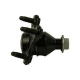 Side/angled view showing ball stud with tapered shank and flanged nut, and three mounting studs with machined thread tips; rubber dust boot visible around ball stud base.