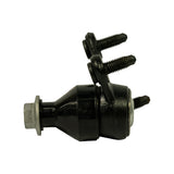 Alternate side profile showing all three mounting studs from the side, ball stud and flat nut to the right, overall assembly profile visible.