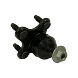 Angled front quarter view showing ball housing, rubber boot ring, casting letters on arm lobes (partially legible), and flanged nut on ball stud.