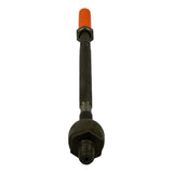 Close-up vertical shot of the full part, orange cap end uppermost. Upper end shows locknut, threaded stud and orange plastic cap; lower end shows the forged ball-and-socket housing with external male thread. Stamp visible mid-shaft reading '572316'. Part appears new, no corrosion.