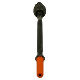 Alternate vertical orientation, ball housing end uppermost. Confirms hexagonal wrench flats on both ends of the shaft. Stamp '572316' visible on shaft. Orange protective cap on lower threaded end. Part surface has light oil coating typical of NOS.