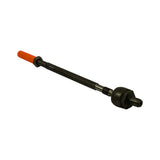 Diagonal full-length view of part out of box. Shows the smooth central shaft, hexagonal locknut section near orange-capped end, and the larger forged ball housing and male thread at the opposite end. Clean condition, no visible rust.
