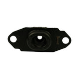 Bottom-up view showing underside of rubber element with hollow bore and internal rubber thread insert visible. Faint moulded markings near bore on rubber. Small label stub partially visible near right mounting hole.