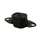 Three-quarter isometric view from top-front showing dome profile of rubber element, two mounting ears of bracket, and rubber bond line. Top face of rubber boss and central hole clearly visible.