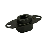 Three-quarter isometric view from bottom-rear showing underside bore of rubber element and rear face of flanged bracket. Small dark label partially visible on right bracket arm. Faint moulded text on rubber bore rim.