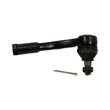 Isolated part, lateral view showing full length of curved forged steel arm, ball joint housing with dust cap at ball-stud end, castellated nut on threaded stud, and cotter pin laid separately beneath.