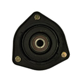 Top-down view of the mount: triangular three-bolt flange with gold zinc-plated studs, central bearing race with rubber surround, dust visible on rubber.