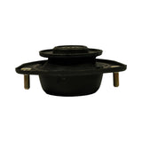 Side profile view showing the mount's domed rubber body sandwiched between the upper bearing seat and lower triangular flange, with two of the three threaded studs visible.