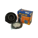 Full kit laid out beside the Monroe Mounting Kit retail box: top mount cushion on left, bagged bearing/isolator ring in front, original packaging on right showing strut illustration