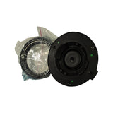 Three-quarter underside view of the mount with bearing ring in poly bag, green QC dots visible on flange and around outer rim