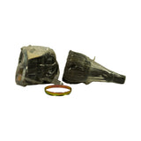 Side-on view of both components in poly bags with gold retaining ring in foreground; outer joint shows conical taper and threaded stub tip; partial white price tag legible on left bag