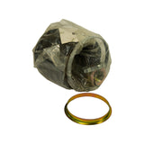 Top-down view of inner joint housing component in poly bag with gold retaining ring laid separately; threaded nut and clamp hardware partially visible through clear bag