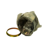Angled view of inner joint housing in bag with gold retaining ring in foreground; brass-toned nut and clamp hardware visible through bag