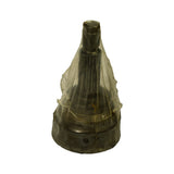 Side profile of the outer CV joint component standing upright in poly wrap; full height visible including conical housing flange at base, smooth stub shaft taper and threaded end