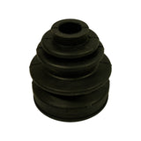Black rubber CV boot isolated, top view. Three-bellows profile with small-diameter inner neck and wide outer flange. Moulded code 'BT-24' visible on outer base.