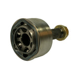 CV joint at 45-degree angle showing inner face: six ball bearings visible in cage, inner splined bore, machined outer race with two circumferential grooves on outer body.
