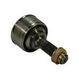 CV joint rear/outer face: outer pressed housing with two machined grooves, splined shaft extending with castle nut and retaining pin hole, clean machined finish.