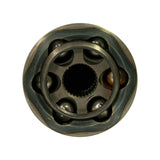 CV joint face-on view into inner bore: six balls in polymer cage, inner splined hub visible, slight surface tarnish on one ball consistent with age.