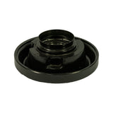 Underside/rear of the bearing showing the stepped metal bracket base with flat flange rim and a raised central collar; a square notch/lug is visible on the bracket body, consistent with an anti-rotation feature.