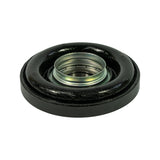 Side-profile view showing the full depth of the rubber carrier, the width of the outer flange rim, and the protruding steel bearing insert in the centre.