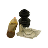 Contents spread flat: CV boot standing upright showing three convolutions, grease sachet lying flat (amber/tan coloured lubricant visible through translucent plastic, orange screw cap), and bag of two steel band clamps.