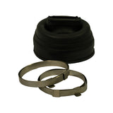 Three-quarter view of boot and two stainless steel ear-type clamps together. Boot profile shows wide circular base flange, multi-bellow mid-section, and narrow oval neck at top. Clamps show tab-and-fold closure style.