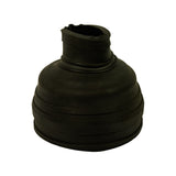 Side profile of boot inverted showing shaft end uppermost. Narrow oval neck with irregular, slightly ragged rim visible at top; wide domed base at bottom with ribbed bellow sections.