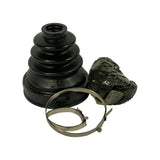 Three-quarter view of kit components: bellows boot showing four-convolute profile, grease sachet, and clamp ring displayed together on white background.