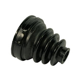 Profile view of boot alone showing classic four-convolute bellows taper from large-diameter base flange to small-diameter shaft neck, with partial moulded code visible on upper ridge.