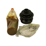 Close-up top-down view of the three kit components: grease sachet (amber-coloured, label largely worn), black rubber accordion boot, and a clear poly bag containing two metal retaining clamps.