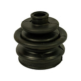 Isolated front view of the rubber CV boot; three-lobe bellows profile with small-diameter neck at top and wide flat base; minor surface crazing consistent with age storage.