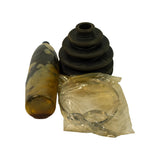 All three kit components laid out: multi-convoluted black rubber CV boot (upright), amber cylindrical grease tube (left), and sealed clear plastic bag containing two metal clamp bands (right).