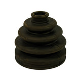 Front-face view of rubber CV boot showing four bellows convolutions tapering from large flanged base to narrow shaft collar at top. Small moulded markings visible near base flange.