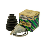 Kelpro CIB-704 box in green/blue branded packaging next to the rubber boot. Box shows Kelpro logo, 'BOOT KIT' text, Kelray 2yr/40,000km guarantee seal, two stick-on labels (one printed 'Kelpro CIB-704 / TRN-00565' with barcode, one handwritten 'CBK7704 / CIB-704'), and barcode 9314258325596. Boot, sealed grease sachet and metal clamp visible alongside.