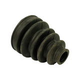 Side profile of the rubber boot laid horizontally showing the full taper from large open end to small neck end, six bellow convolutions and the small-end mouth opening.