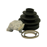 Three-quarter top view of kit components on white background: stepped black rubber boot (four-bellows, wide base), one open grease sachet with light-coloured grease partially extruded, and one large stainless band-style clamp with locking tab.