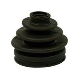 Top-down three-quarter view of rubber CV boot alone, showing four concentric stepped bellows from narrow shaft neck at top to wide base flange. Mould parting lines visible on bellows flanks. Outer surface smooth with no cracks or tears.