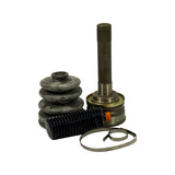 Three-quarter view of full kit components together: large deteriorated bellows boot on left, CV joint assembly with stub shaft vertical on right, smaller boot and clamps at front. Shows overall scale and configuration of kit.