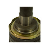 Close-up of the joint housing top, showing the machined steel dust cap seating area and the gold-zinc plated retaining circlip flange. Boot seat and shaft base clearly visible.