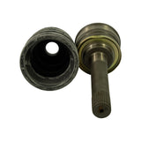 Top-down overhead view: large bellows boot interior visible on left showing rubber deterioration; CV joint assembly on right showing stub shaft spline detail and threaded centre bore for retaining bolt.