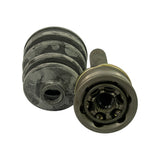 End-on view of joint housing face showing 6-ball Rzeppa configuration with ball cage and inner race visible. Alongside the large bellows boot showing small-end opening. Splined stub shaft visible from the rear.