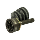 Three-quarter side view with boot mounted on joint housing, showing assembled appearance from drive-shaft side. Splined stub shaft and boot clamp seat visible. Small stamped marking partially visible on joint housing flange.