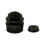 Side-on view of both components: the boot shows a tiered bellows profile with a small central hole at top; the cup seal is a flat disc with a raised central boss. Minor surface blooming consistent with age.