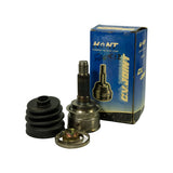 Kit components displayed in front of HONT blue box. Box front panel visible with 'HONT CONSTANT VELOCITY JOINT' branding and 'C.V. JOINT' in large text. Handwritten/stamped number '500822' visible on box surface. ISO9001 certification text visible on box spine. Joint, boot, clamp ring, and nut laid out at front.