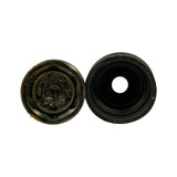 Top-down view of two components side by side: left is the CV joint housing open face showing Rzeppa ball cage packed with dark factory grease; right is the interior of the rubber boot showing large-bore opening. Grease appears wet and intact.